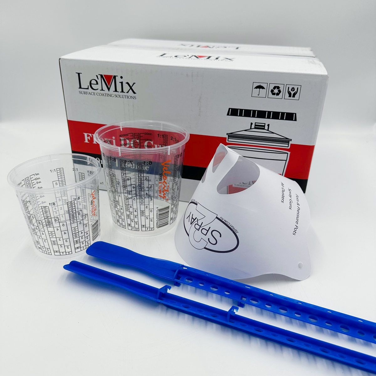 Automotive paint prep supplies, including mixing cups, measuring sticks and paint strainers